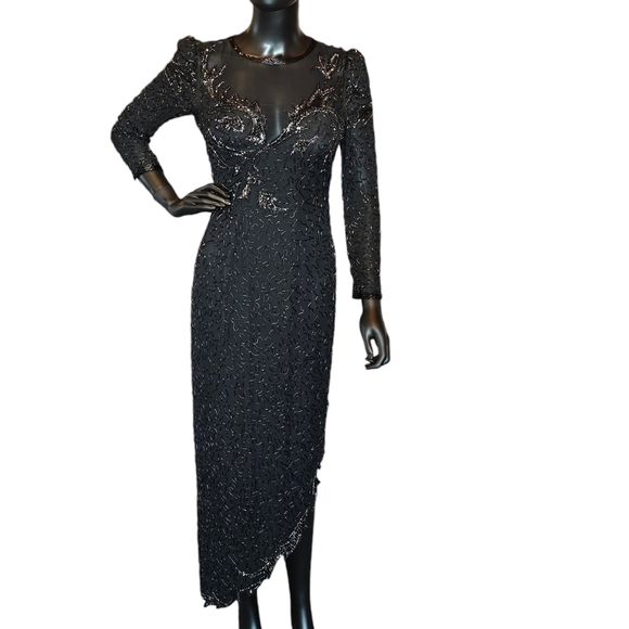 Vintage A.J. Bari 100% Silk Full Beaded Asymmetrical Formal Gown - Picture 5 of 13
